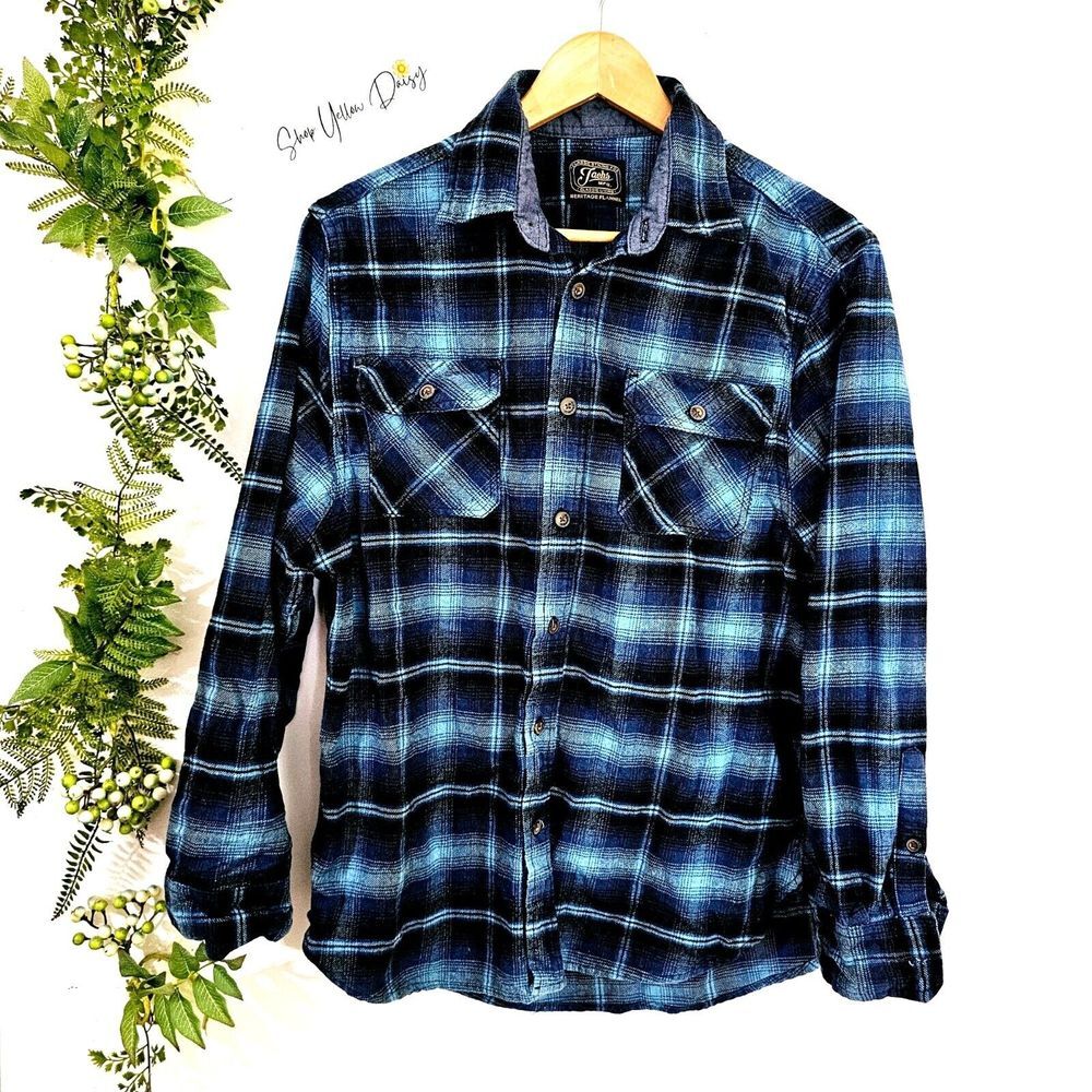Men Jachs NY Heritage Flannel Blue Black Plaid Button Down Shirt Outdoors Grunge